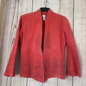 Vintage Chicos Womens Laser Cut Coral Suede Leather Jacket size 2 or Large